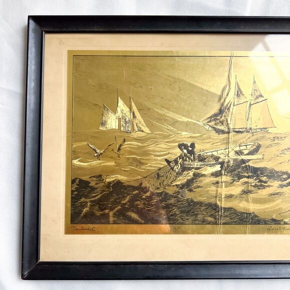 “NANTUCKET” Gold Foil Etching by Lionel Barrymore Black Frame Ready to Hang - Picture 3 of 10